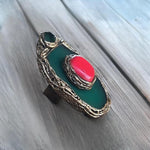 Green Agate and Red Coral Chunky Ring -  Oversized Statement Cocktail Ring