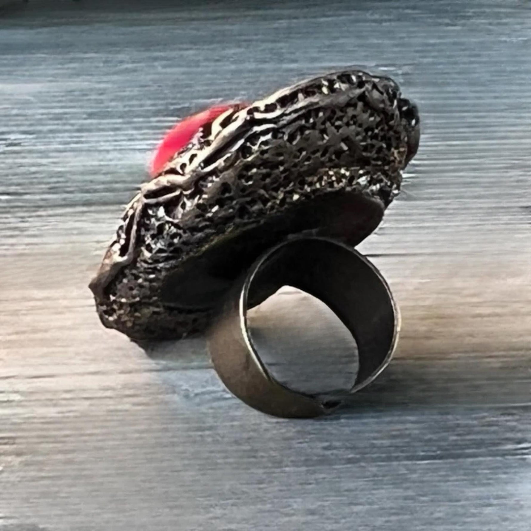 Green Agate and Red Coral Chunky Ring -  Oversized Statement Cocktail Ring