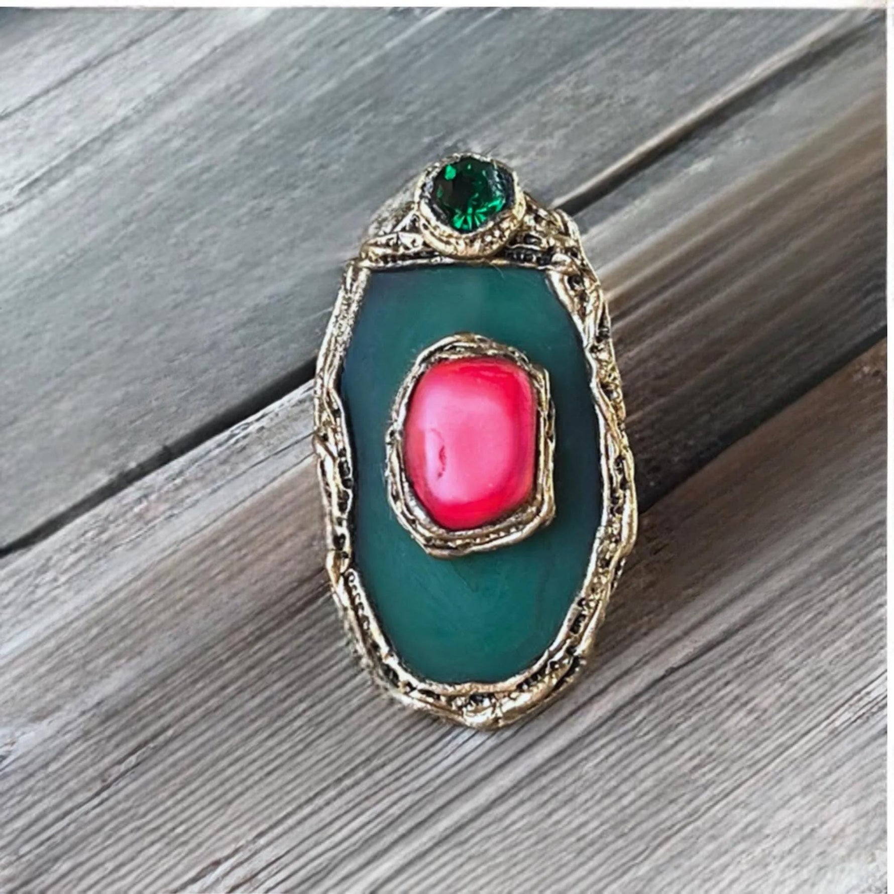 Green Agate and Red Coral Chunky Ring -  Oversized Statement Cocktail Ring