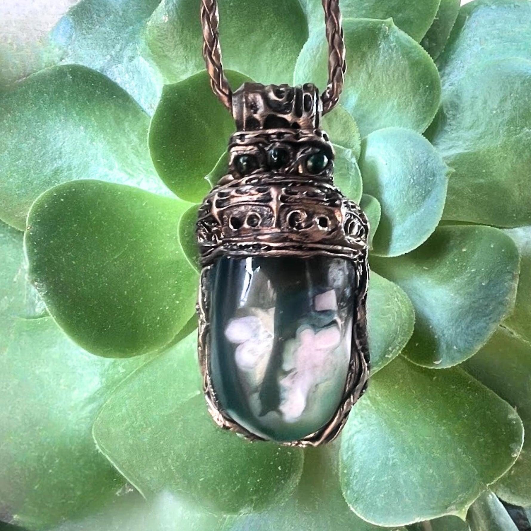 Green Flower Agate Pendant Necklace-  Healing Crystal Amulet