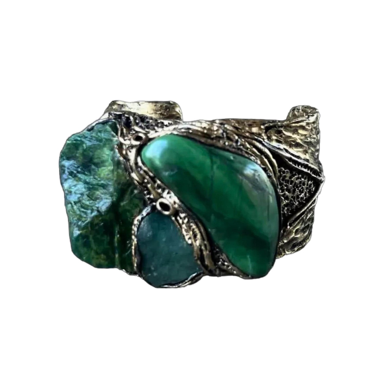 Buddstone and Aventurine Wide Cuff - Green Stone Statement Bracelet
