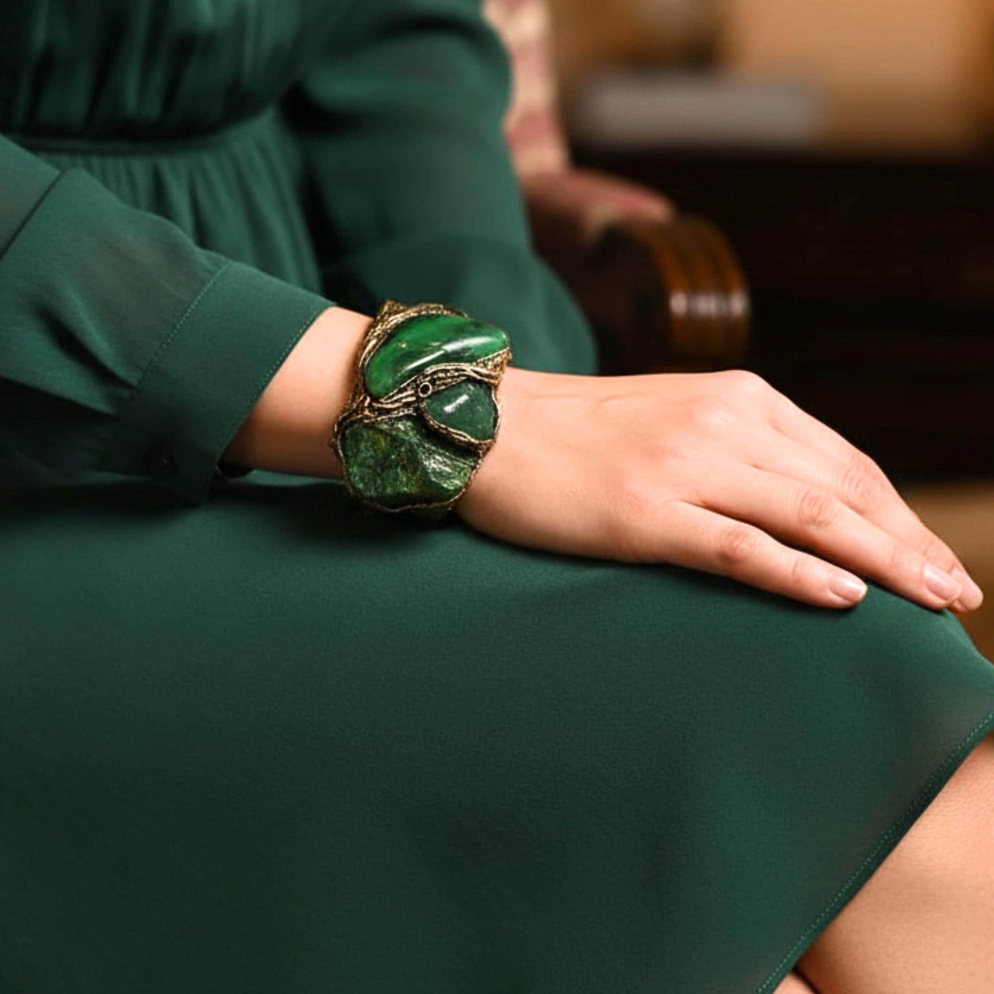 Buddstone and Aventurine Wide Cuff - Green Stone Statement Bracelet