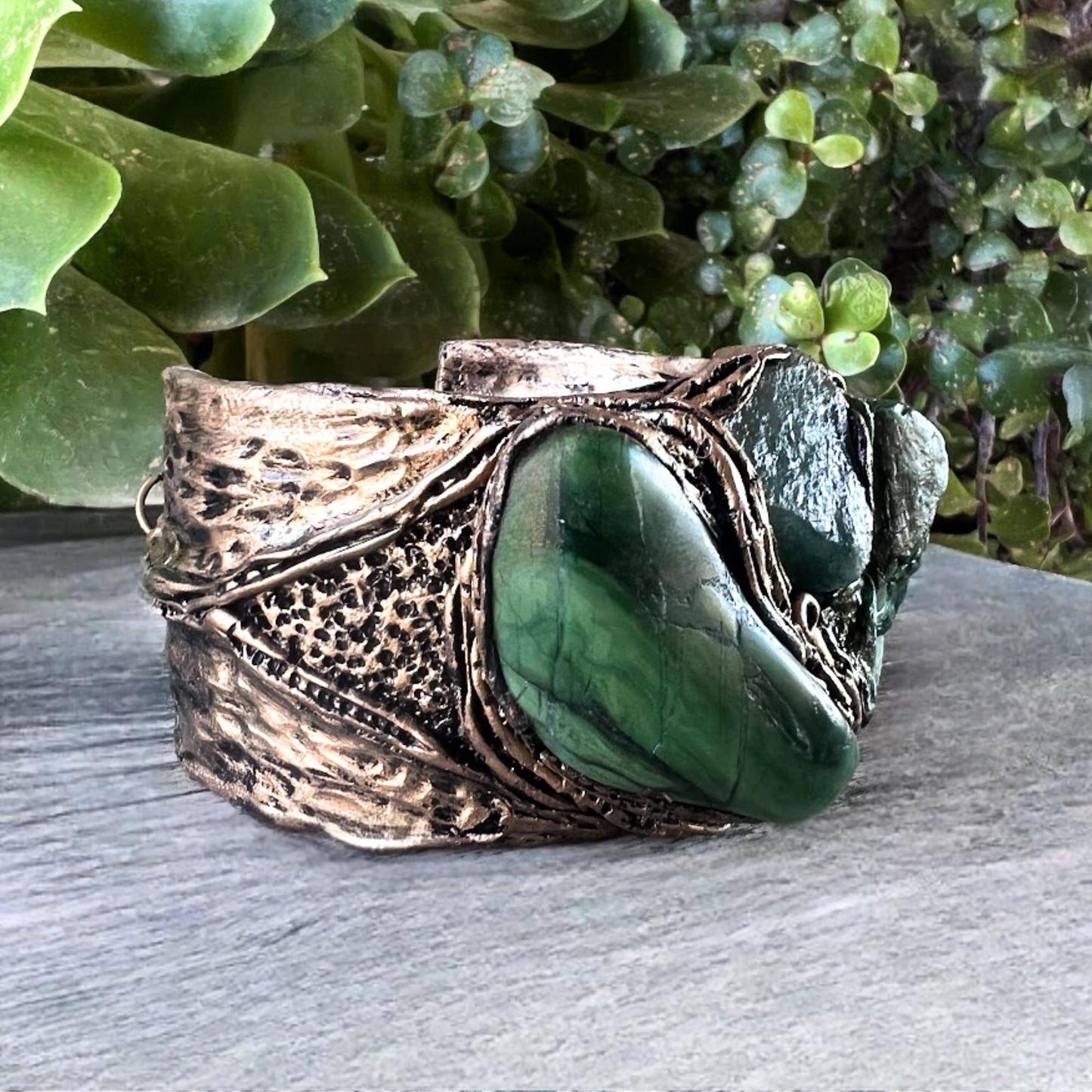 Buddstone and Aventurine Wide Cuff - Green Stone Statement Bracelet