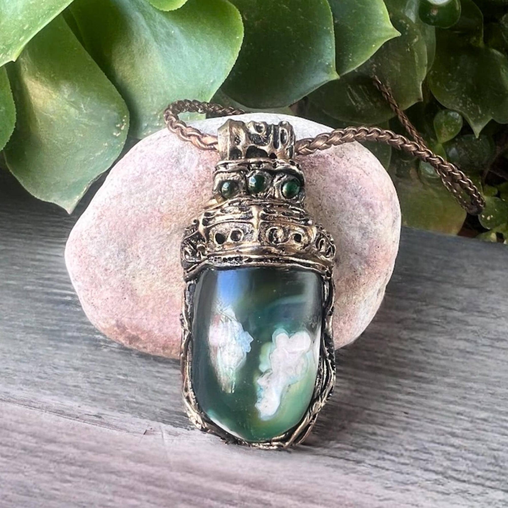 Green Flower Agate Pendant Necklace-  Healing Crystal Amulet