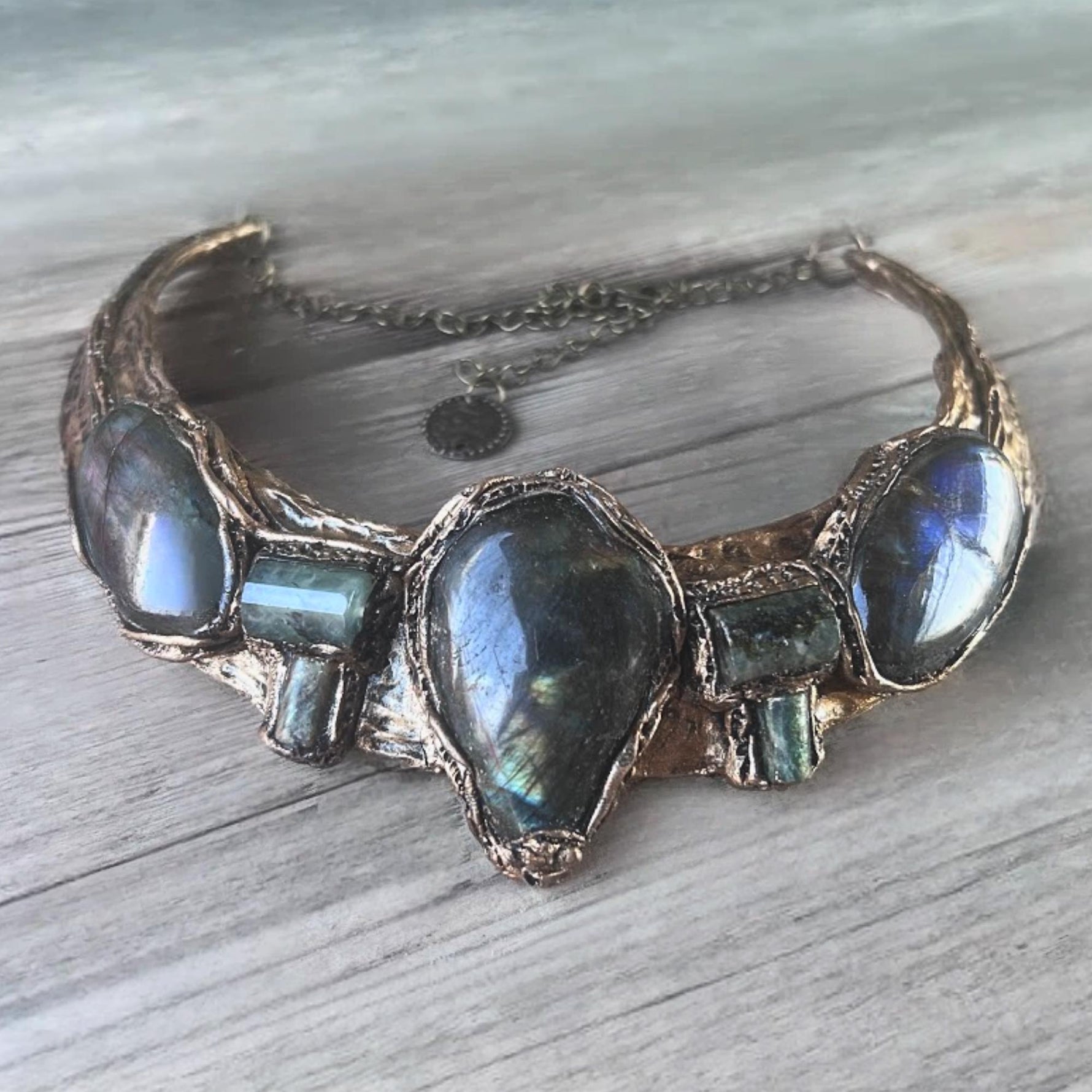 Labradorite and Prehnite Chunky Choker Necklace Statement Special Event Jewelry