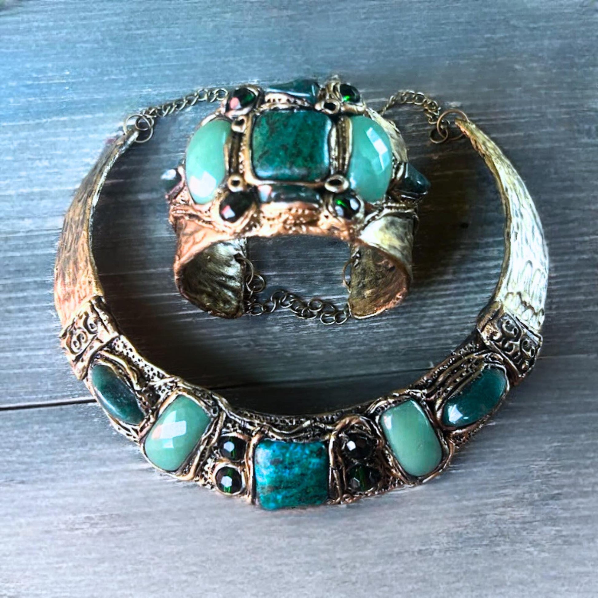 Aventurine and Chrysocolla Chunky Choker Necklace - Green Stone Statement Jewelry