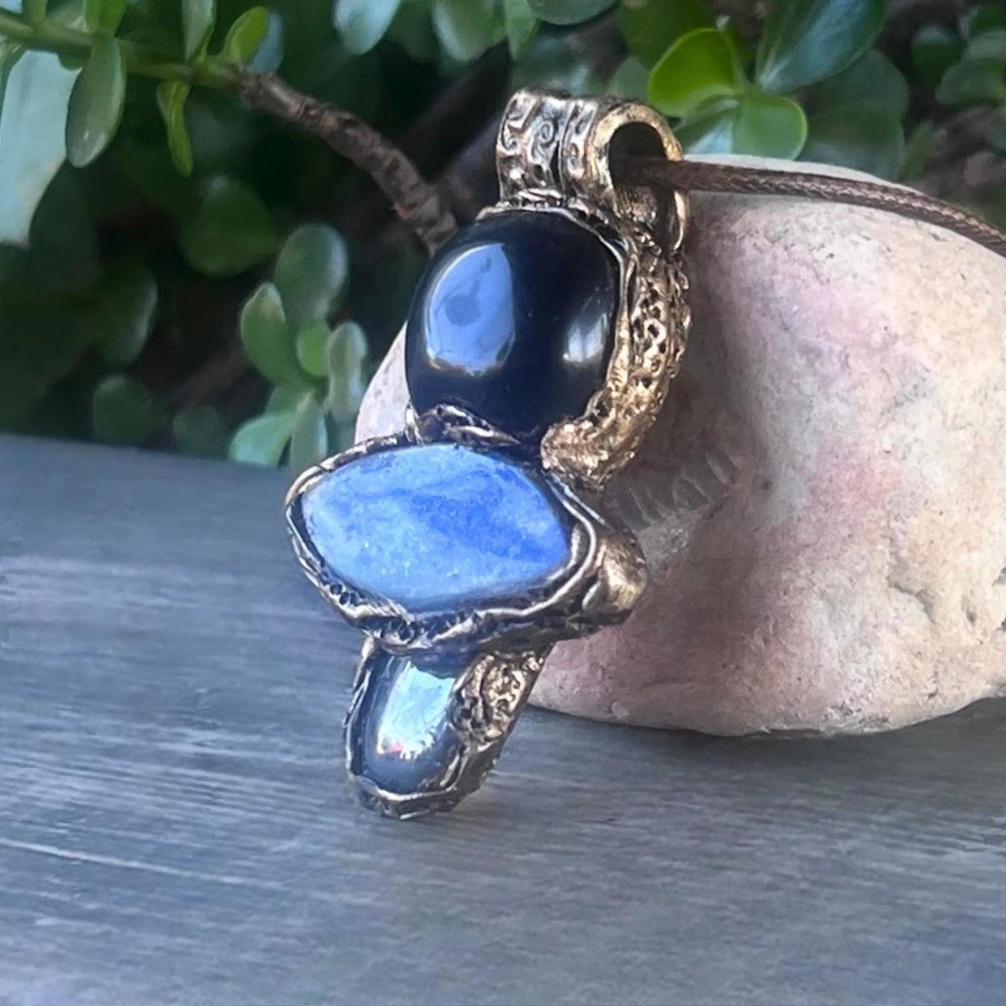 Obsidian Lapis Lazuli Hematite Pendant Necklace -  Empath Protection Crystal Amulet