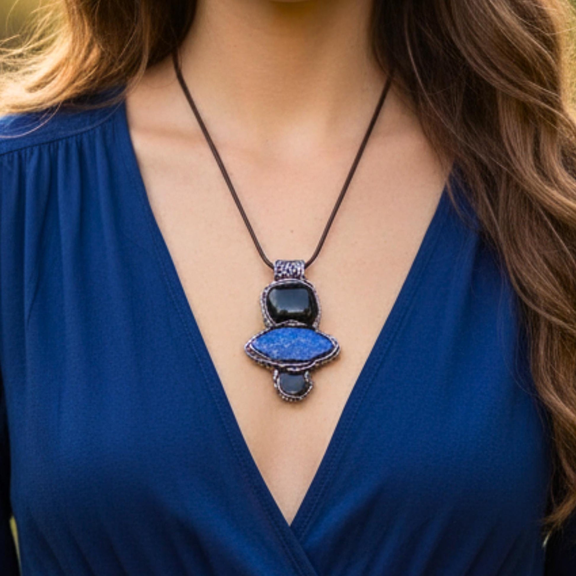 Obsidian Lapis Lazuli Hematite Pendant Necklace -  Empath Protection Crystal Amulet