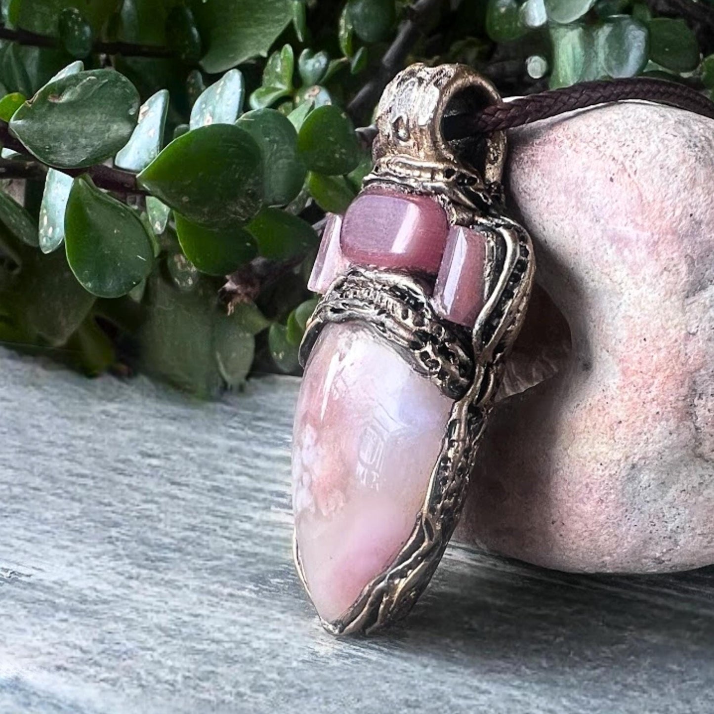 Flower Agate Sunstone and Cherry Quartz Pendant Necklace -  Healing Pink Crystal Amulet