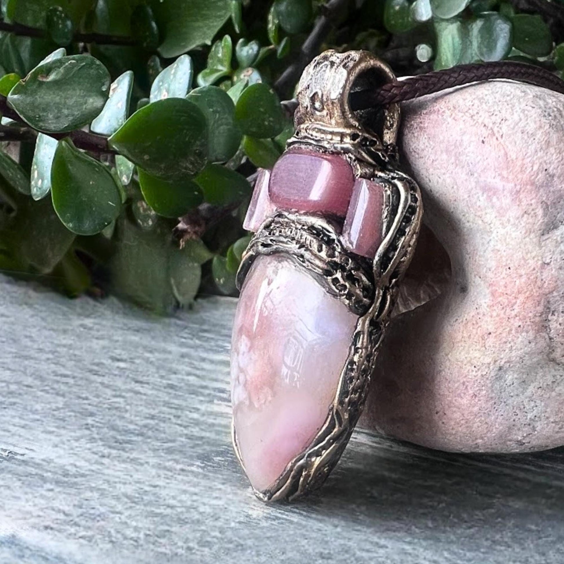 Flower Agate Sunstone and Cherry Quartz Pendant Necklace -  Healing Pink Crystal Amulet