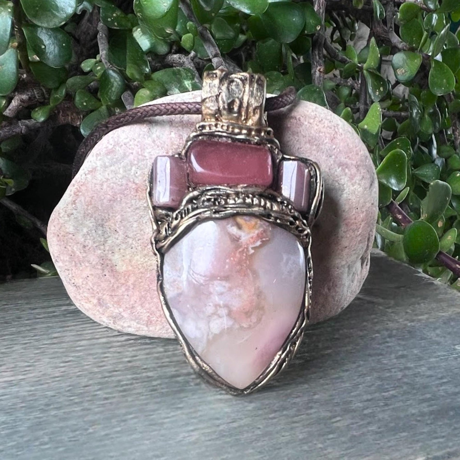 Flower Agate Sunstone and Cherry Quartz Pendant Necklace -  Healing Pink Crystal Amulet