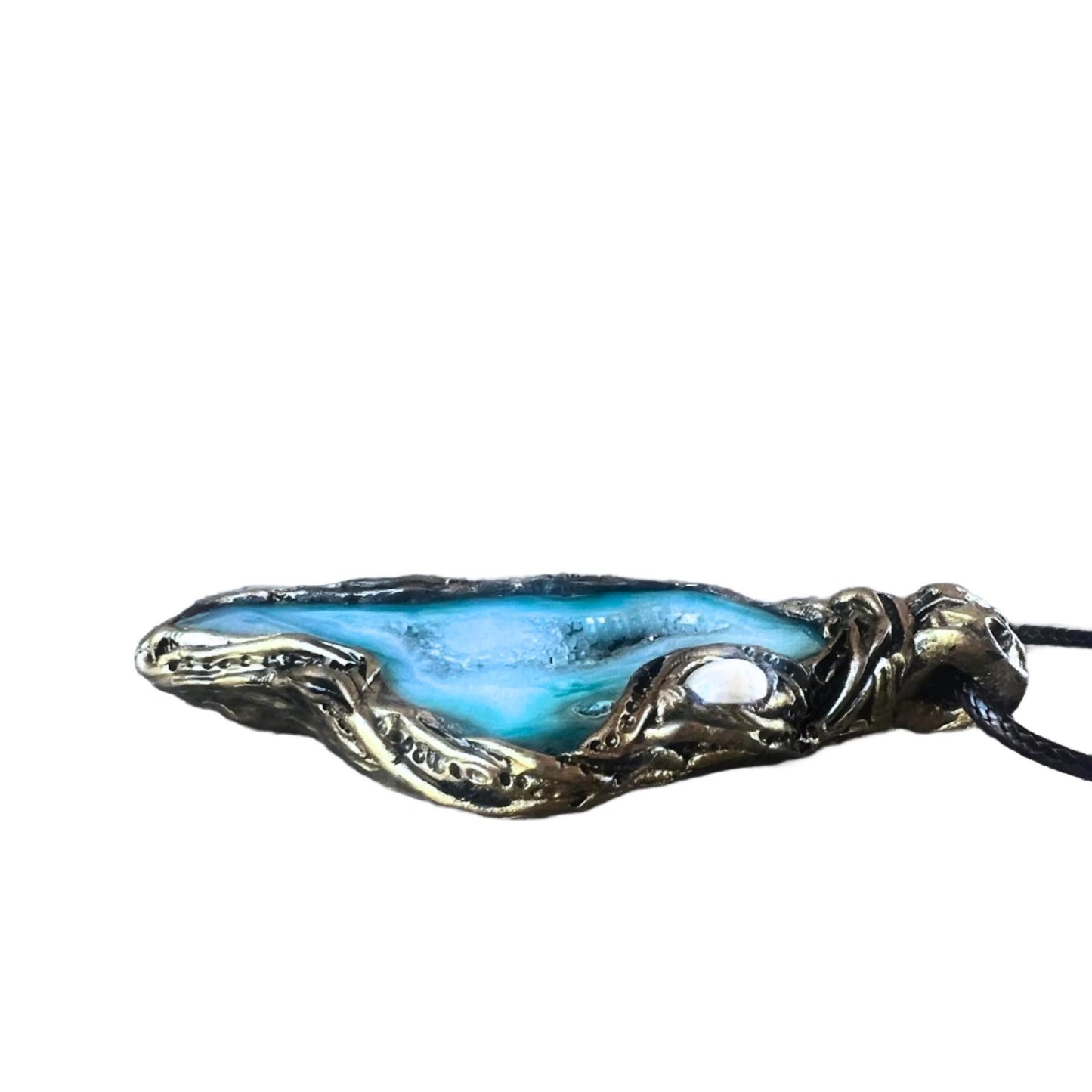 Blue Druzy Agate and Pearl Large Stone Pendant -  Teal Crystal Statement Necklace
