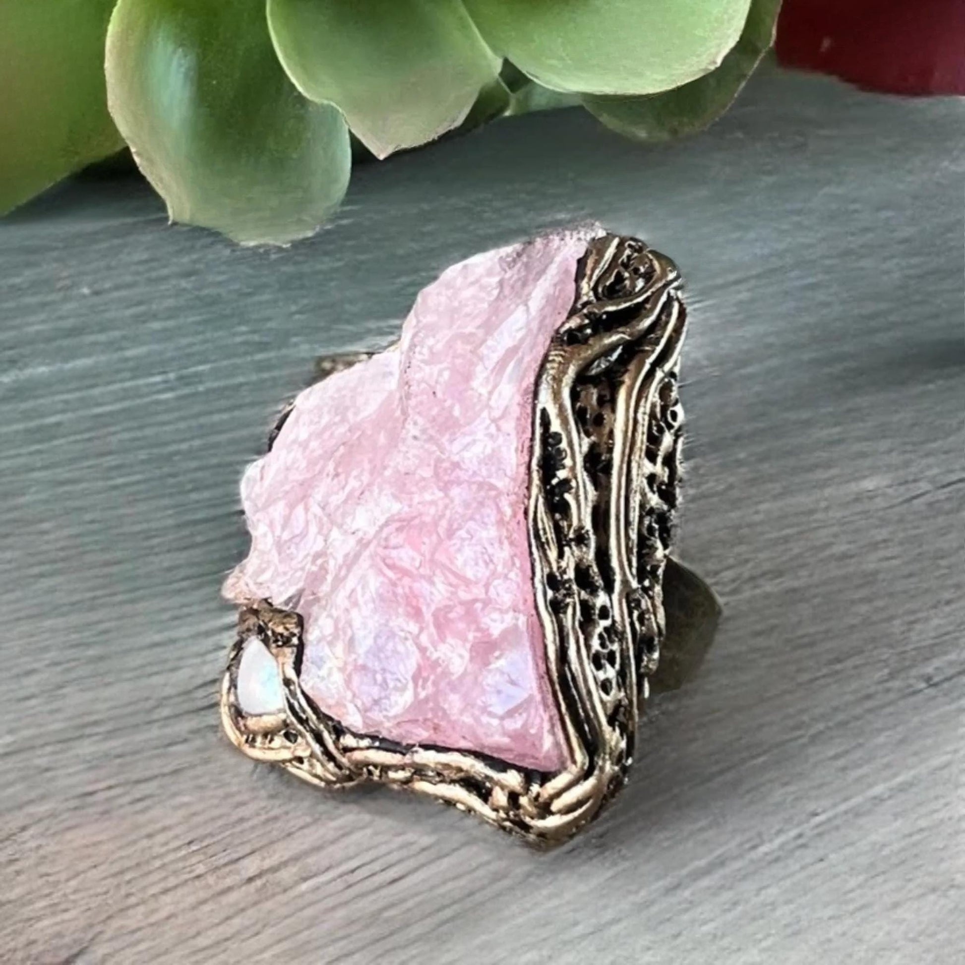 Raw Rose Quartz Crystal Chunky Ring Large Stone Oversized Cocktail Ring