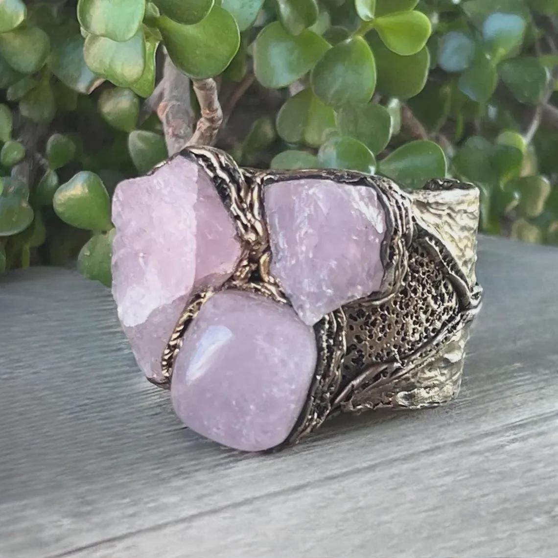 Raw Rose Quartz Crystal Chunky Ring Large Stone Oversized Cocktail Ring