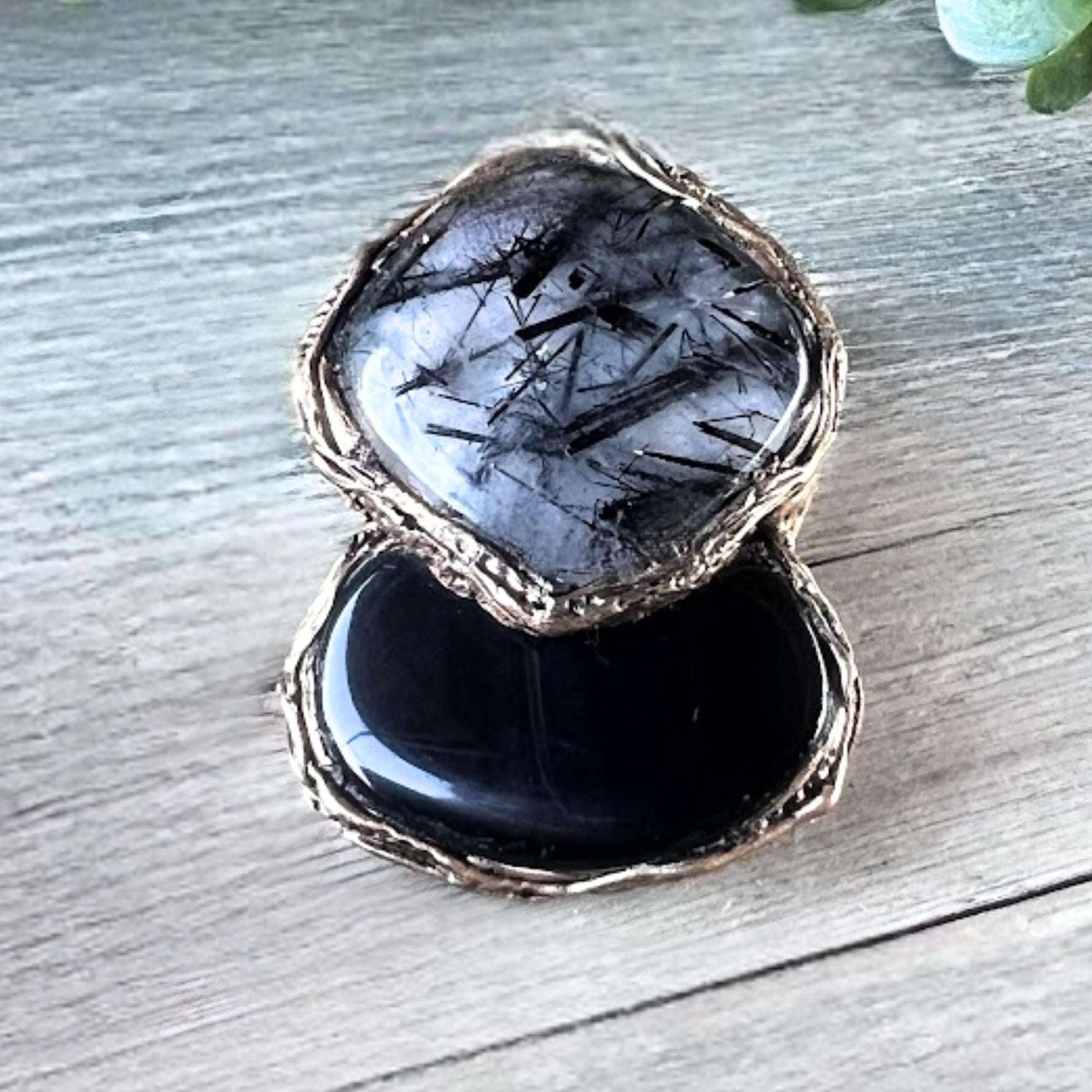 Tourmalinated Quartz and Onyx Chunky Ring -  Oversized Black Stone Modern Cocktail Ring