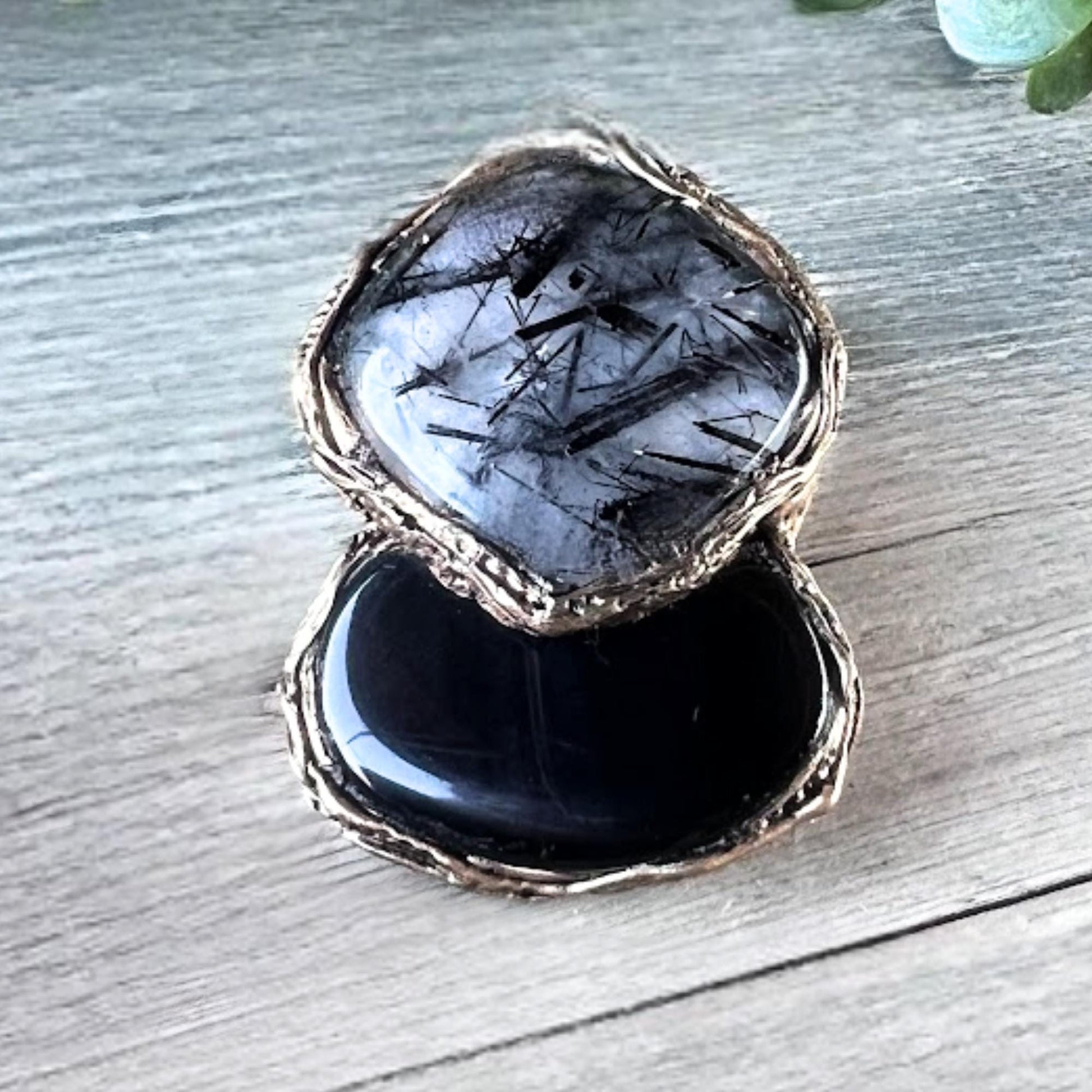 Tourmalinated Quartz and Onyx Chunky Ring -  Oversized Black Stone Modern Cocktail Ring
