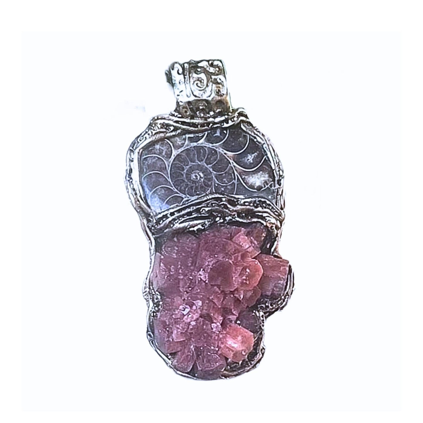 Ammonite Fossil and Aragonite Pendant -  Natural Earth Stone Amulet Jewelry