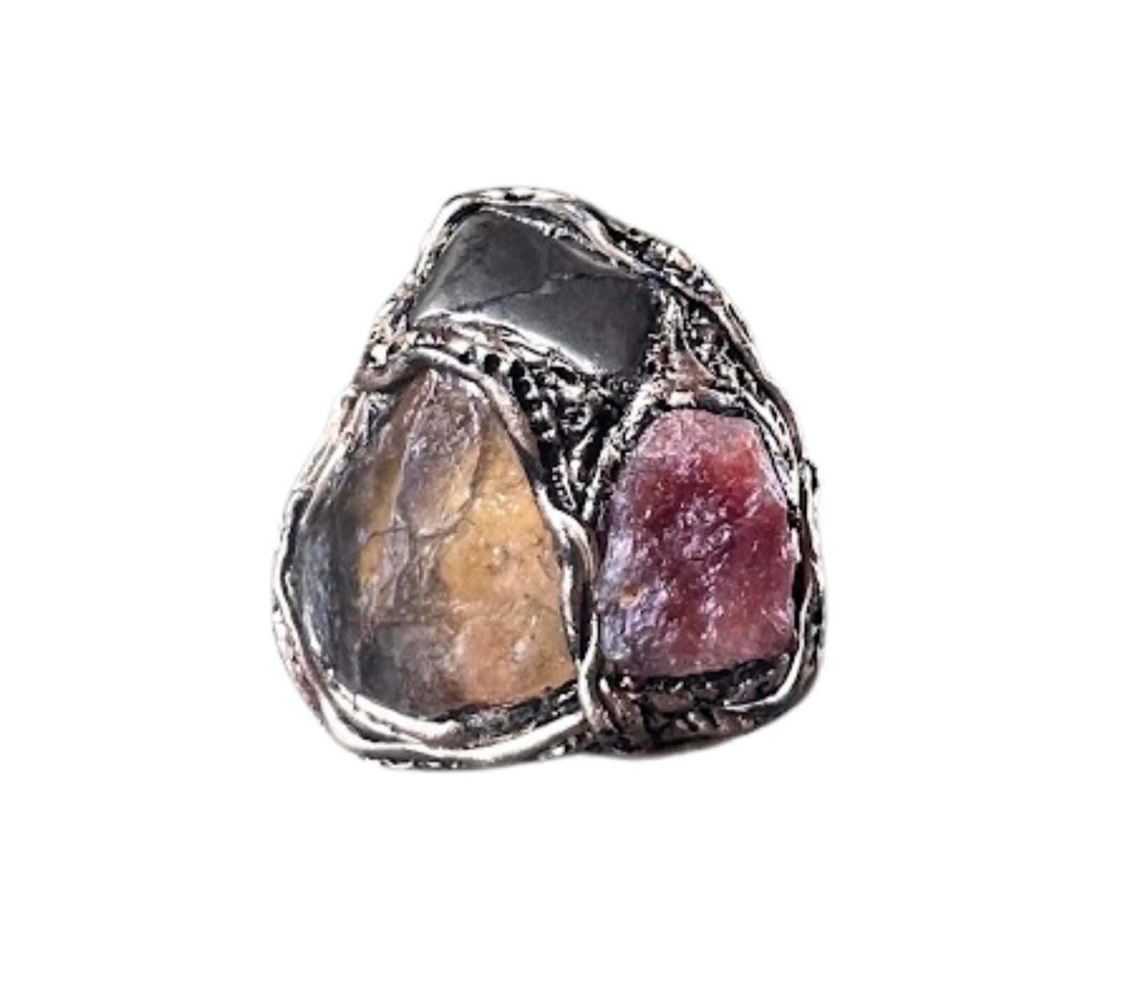 Citrine Sunstone and Pyrite Raw Good Luck Crystal Ring Wealth Ring