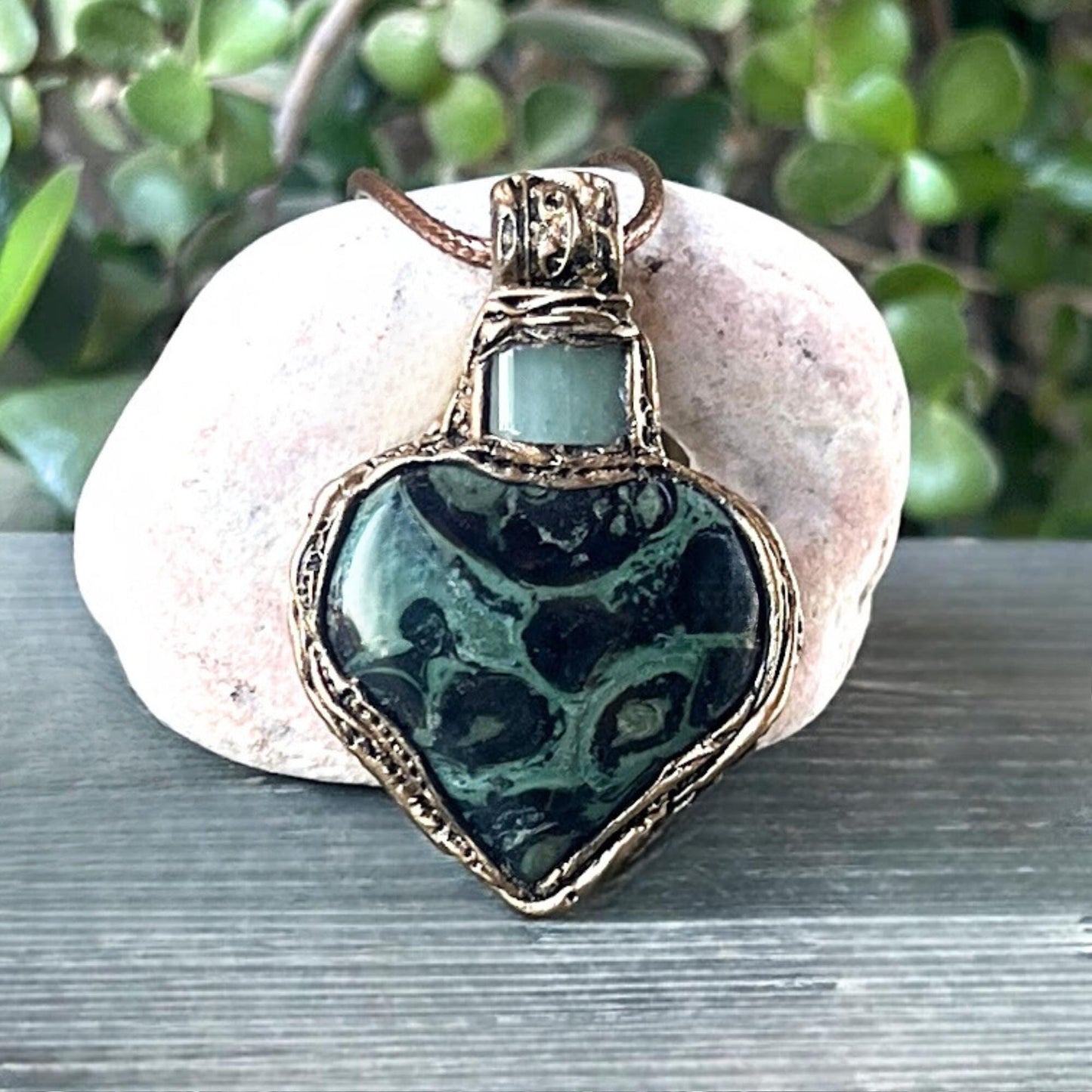 Kambaba Jasper and Aventurine Heart Pendant Necklace -  Green Stone Amulet