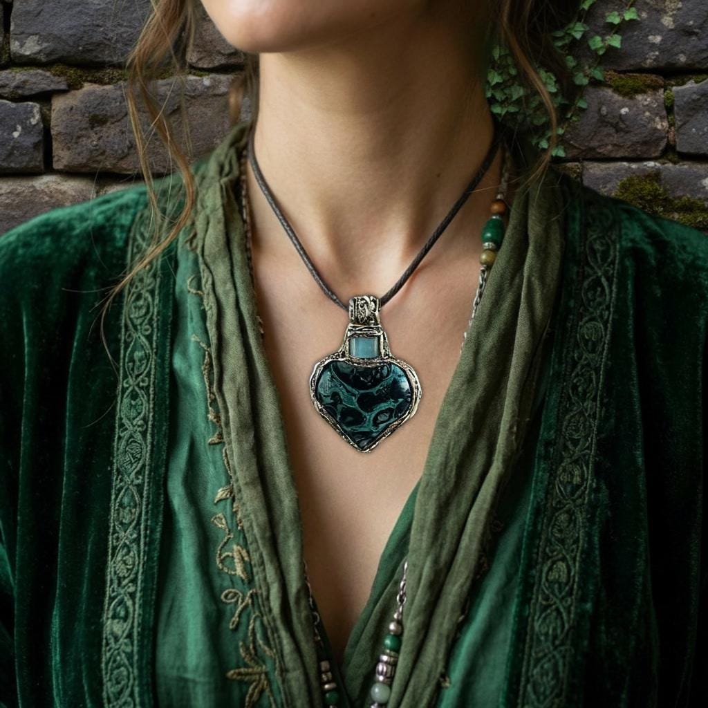 Kambaba Jasper and Aventurine Heart Pendant Necklace -  Green Stone Amulet