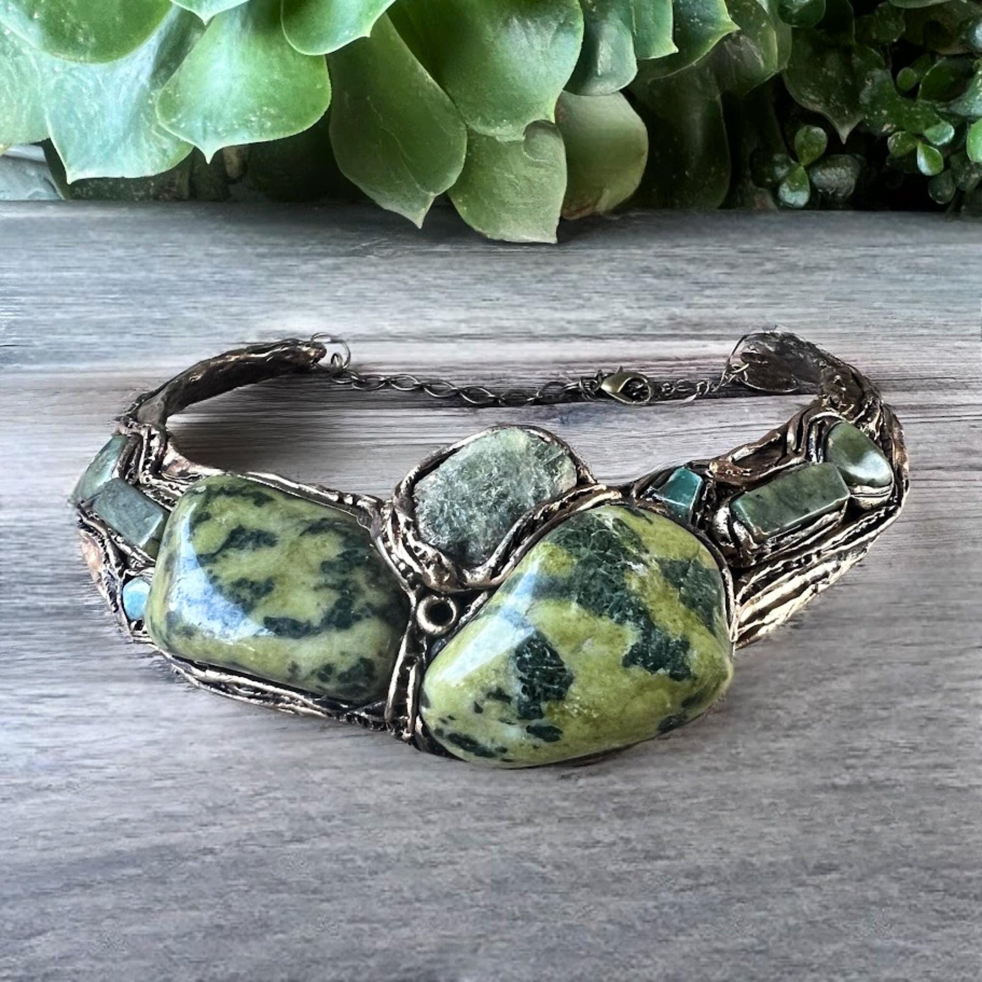 Serpentine Jade and Apatite Green Chunky Necklace - Statement Special Event Jewelry
