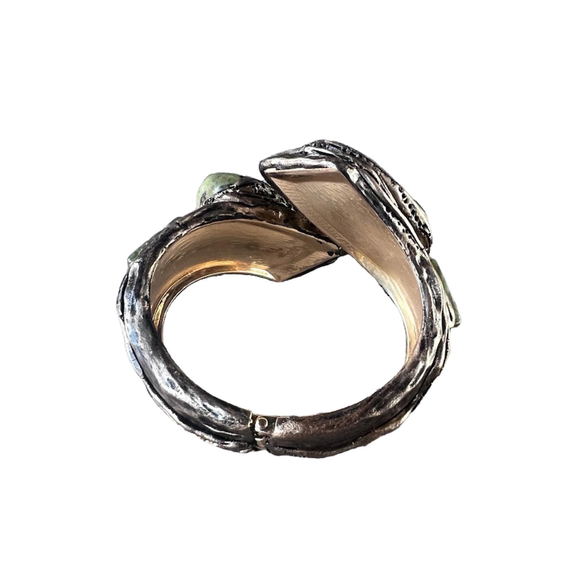Serpentine and Jade Green Stone Chunky Bracelet -  Hinged Wide Cuff