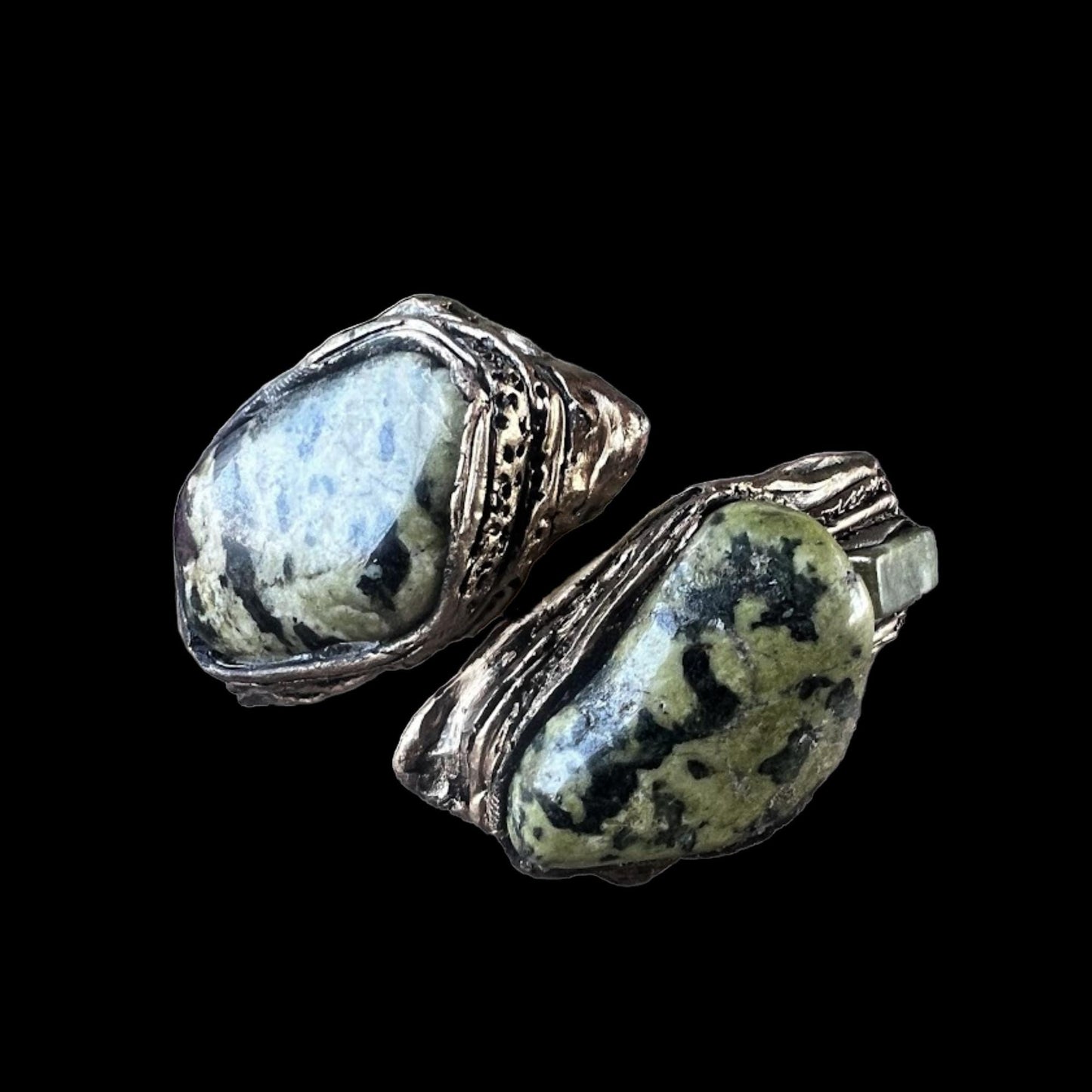 Serpentine and Jade Green Stone Chunky Bracelet -  Hinged Wide Cuff