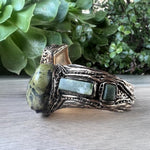 Serpentine and Jade Green Stone Chunky Bracelet -  Hinged Wide Cuff