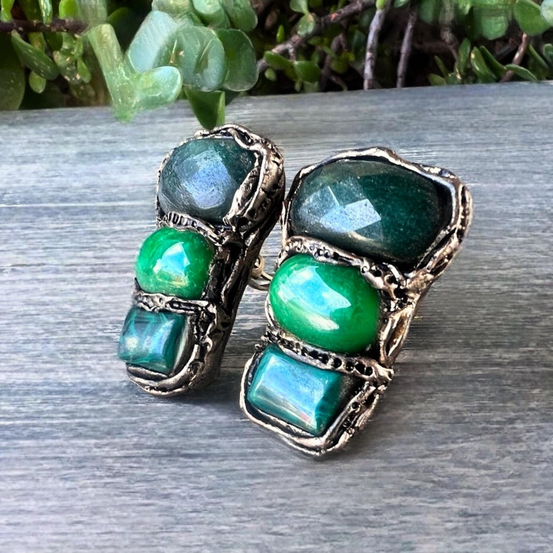 Malachite and Jade Green Stone Earrings Modern Statement Crystal Jewelry
