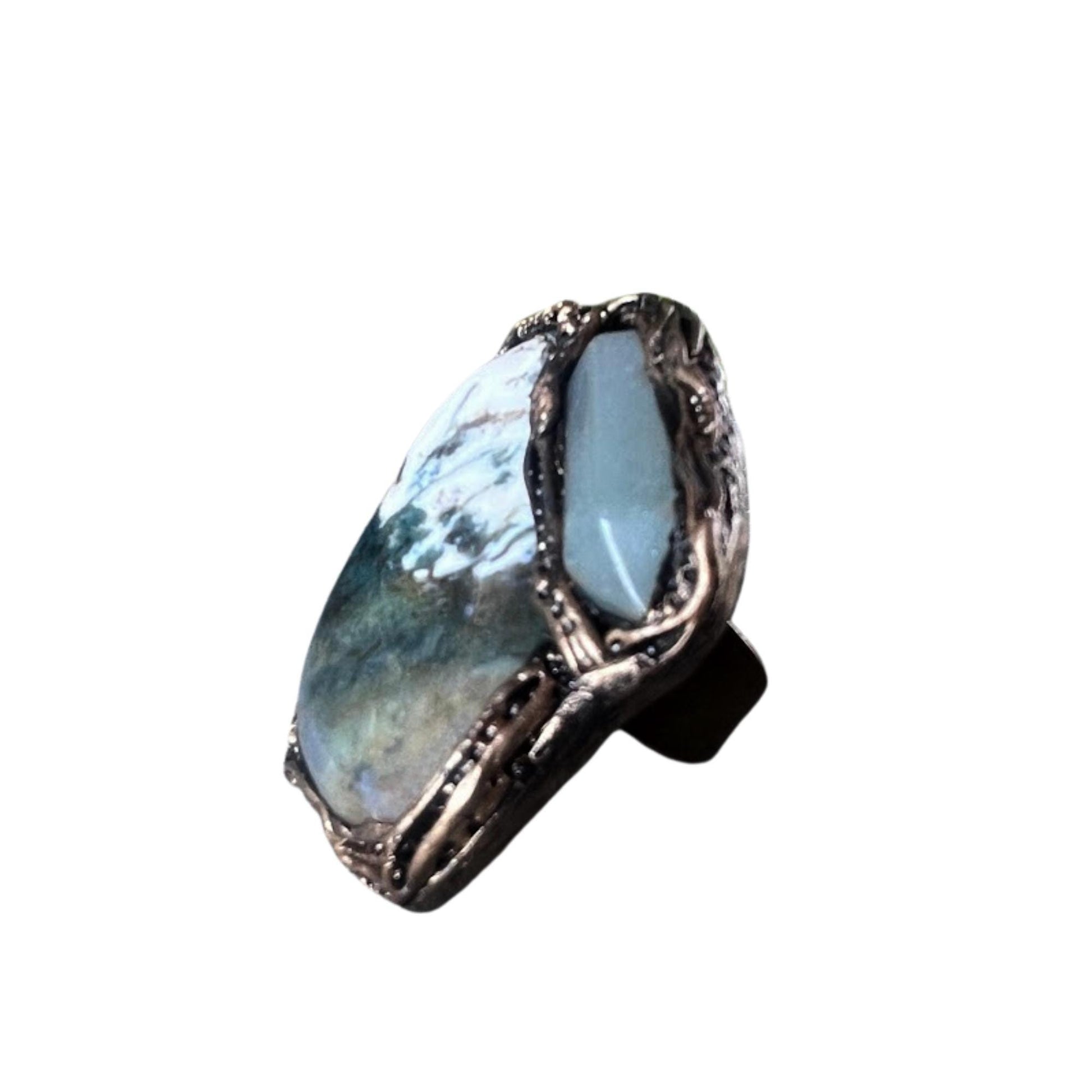 Chunky Green Aventurine and Tree Agate Ring -  Oversized Statement Crystal Cocktail Ring