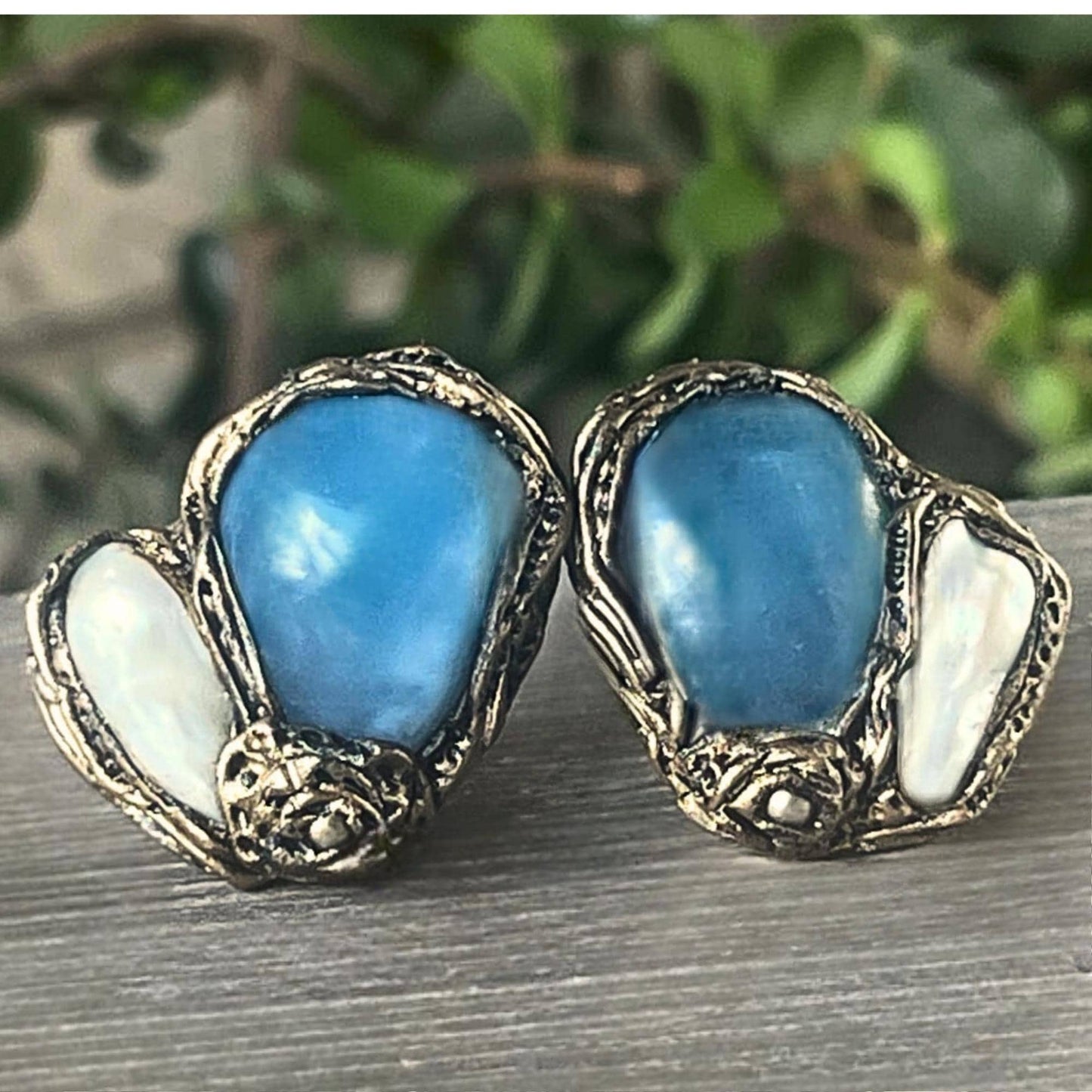 Aquamarine and Pearl Gemstone Earrings -  Light Blue Statement Clip-On Earrings
