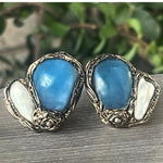 Aquamarine and Pearl Gemstone Earrings -  Light Blue Statement Clip-On Earrings