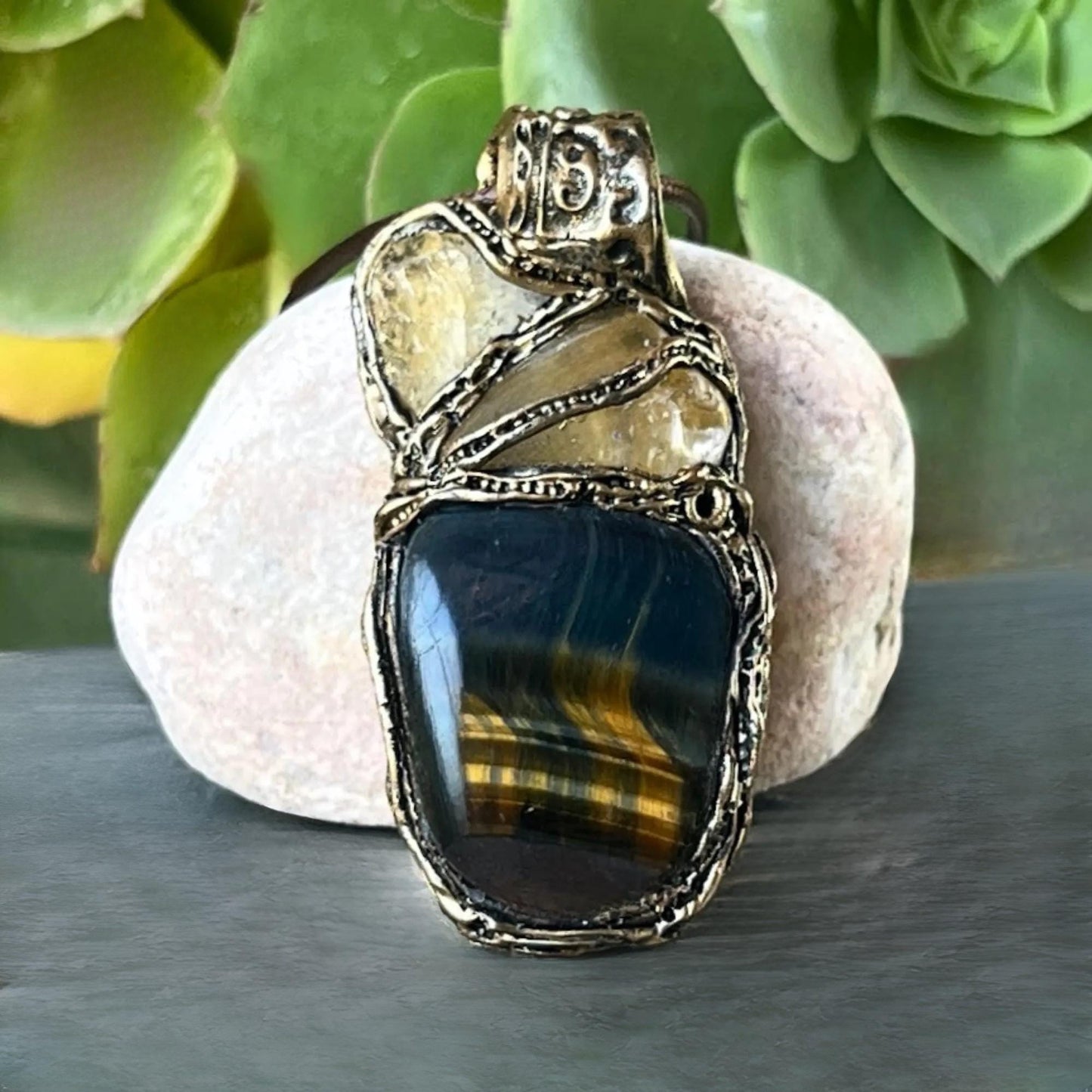 Tiger’s Eye and Citrine Talisman Pendant Necklace -  Crystal Amulet for Abundance