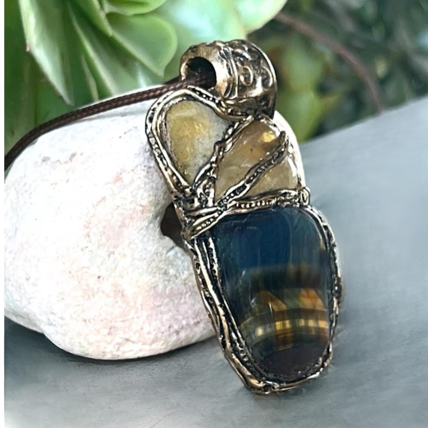 Tiger’s Eye and Citrine Talisman Pendant Necklace -  Crystal Amulet for Abundance