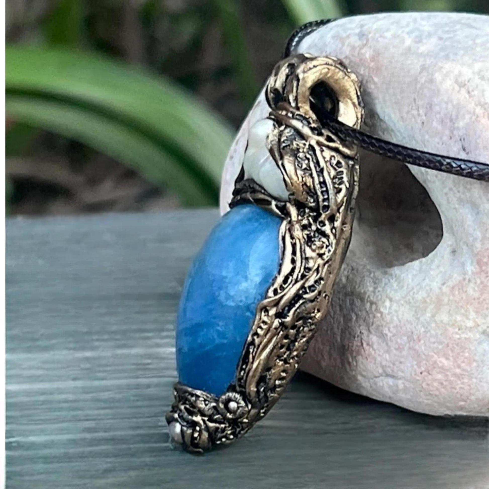 Aquamarine and Pearl Teardrop Pendant Necklace -  Healing Crystal Amulet