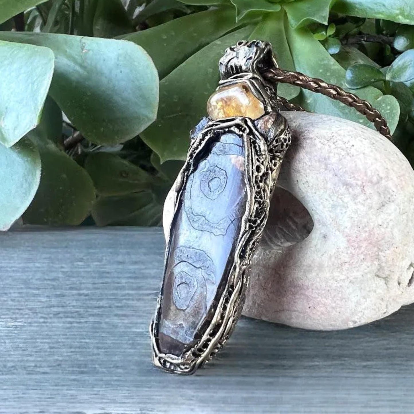 Citrine and Dzi Bead Tibetan Agate Pendant -   Crystal Amulet Necklace
