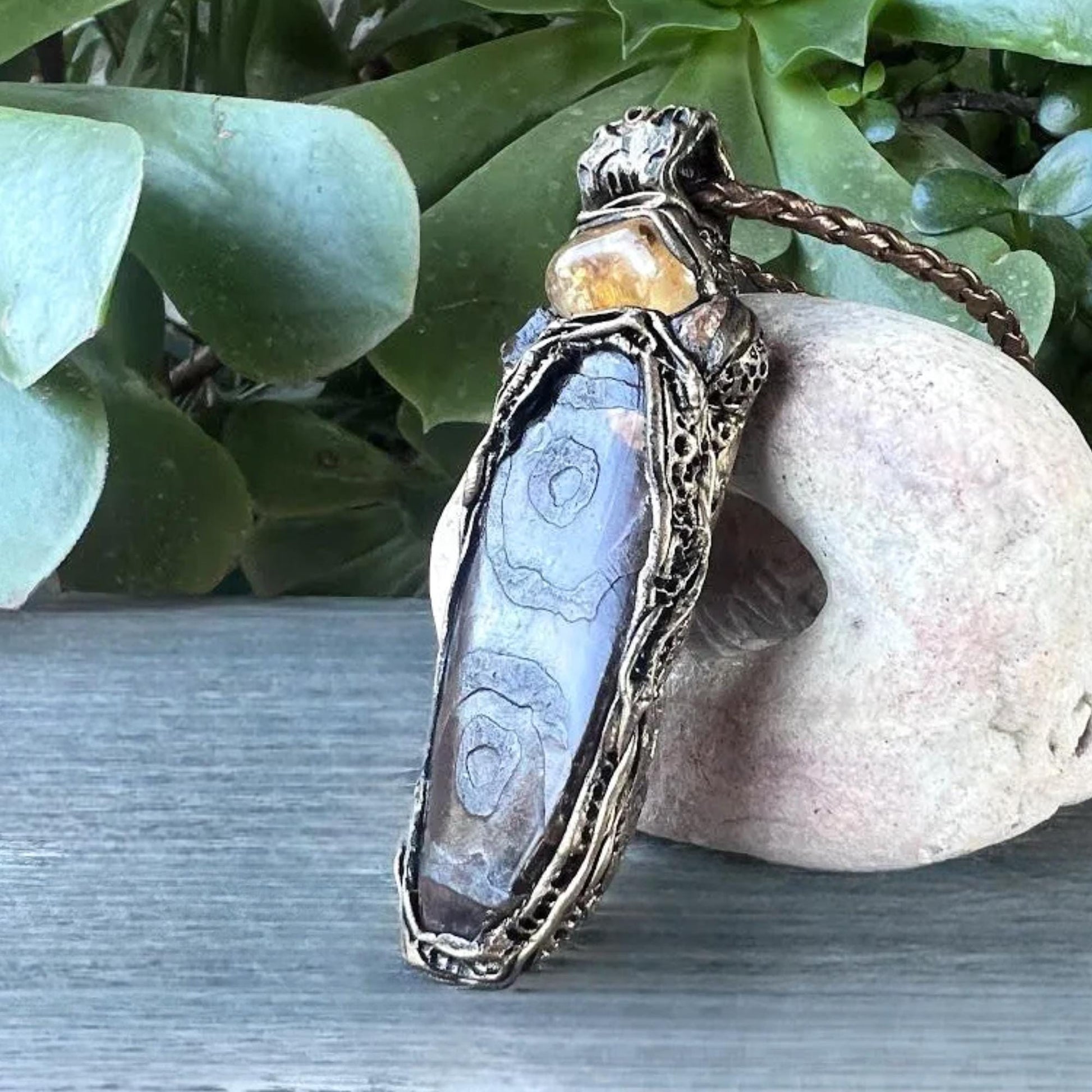 Citrine and Dzi Bead Tibetan Agate Pendant -   Crystal Amulet Necklace