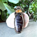 Citrine and Dzi Bead Tibetan Agate Pendant -   Crystal Amulet Necklace