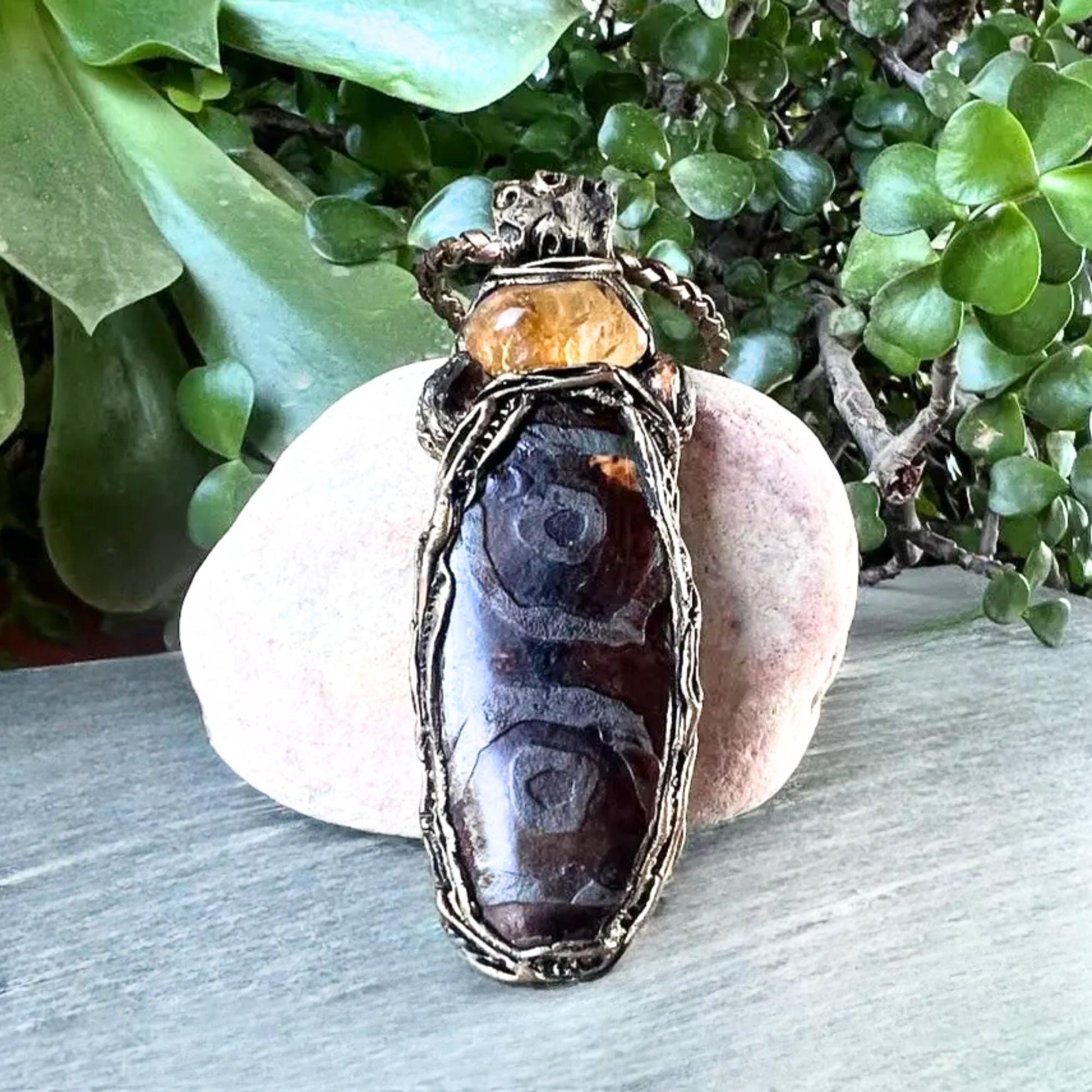 Citrine and Dzi Bead Tibetan Agate Pendant -   Crystal Amulet Necklace
