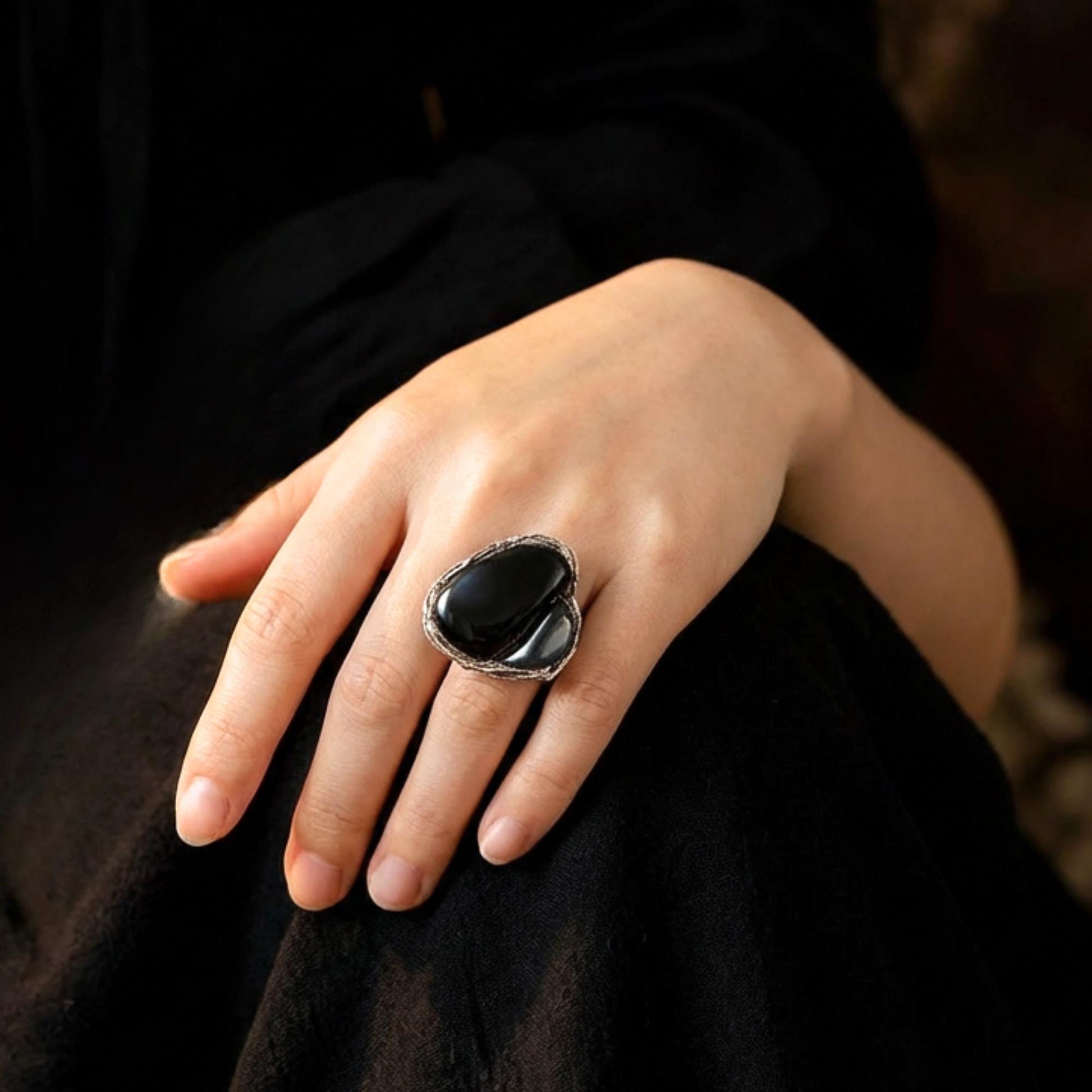 Obsidian Hematite Chunky Large Stone Ring