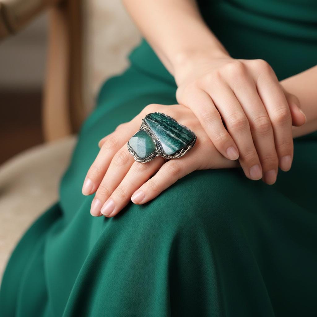Bold Jade Aventurine Green Stone Ring - Chunky Oversized Cocktail Jewelry