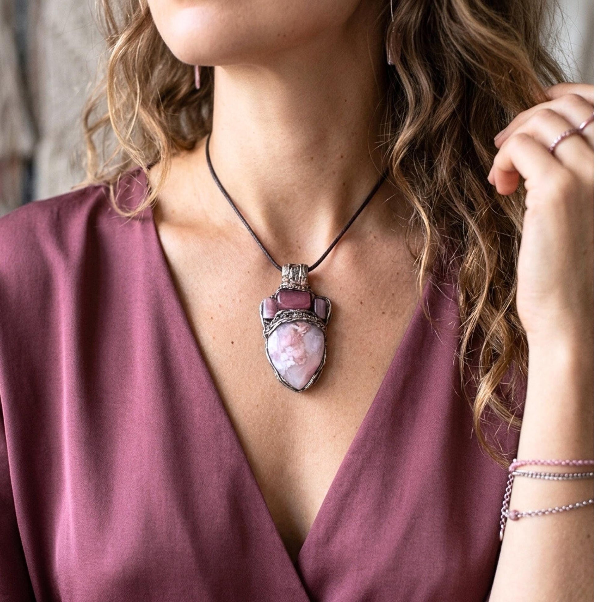 Flower Agate Sunstone and Cherry Quartz Pendant Necklace -  Healing Pink Crystal Amulet