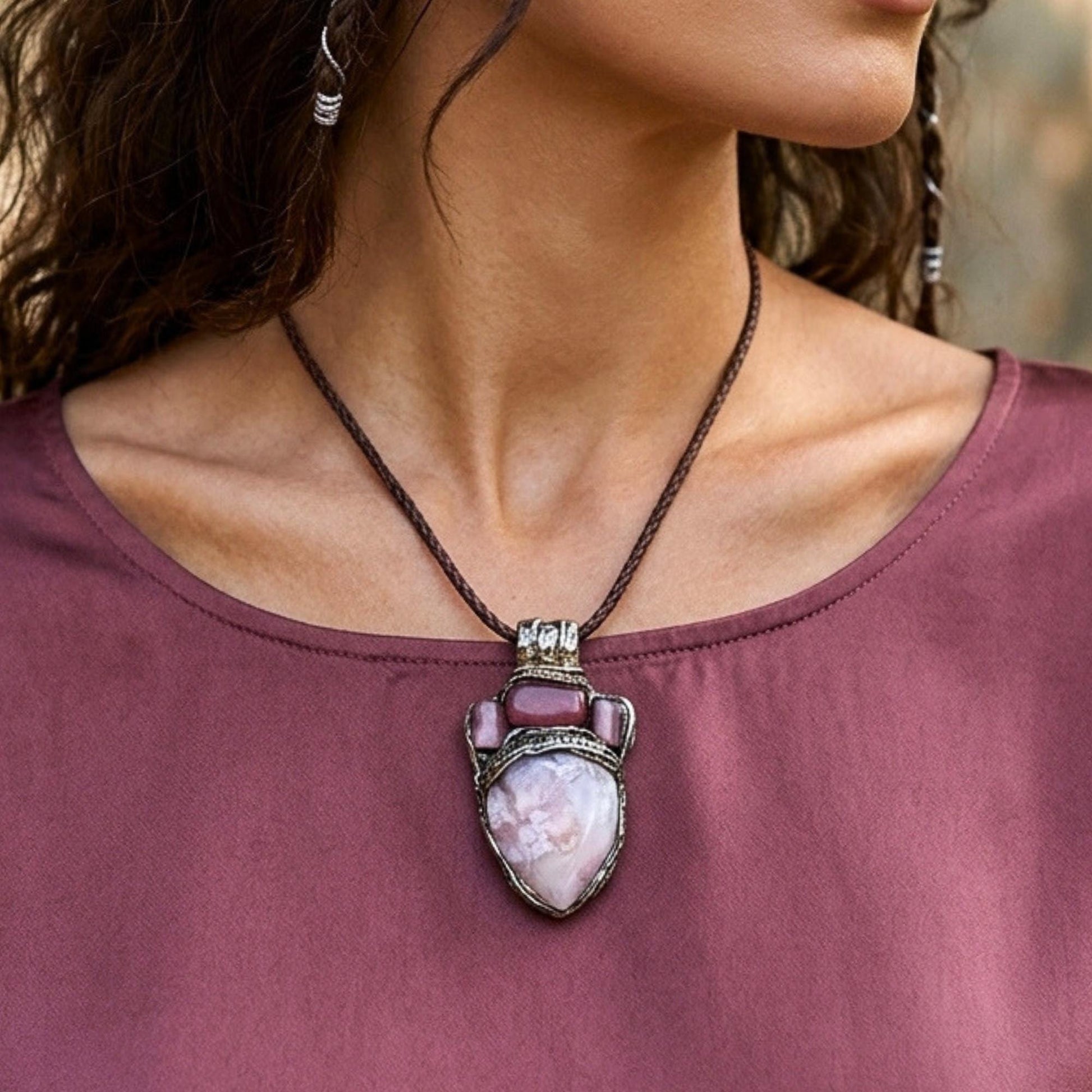 Flower Agate Sunstone and Cherry Quartz Pendant Necklace -  Healing Pink Crystal Amulet