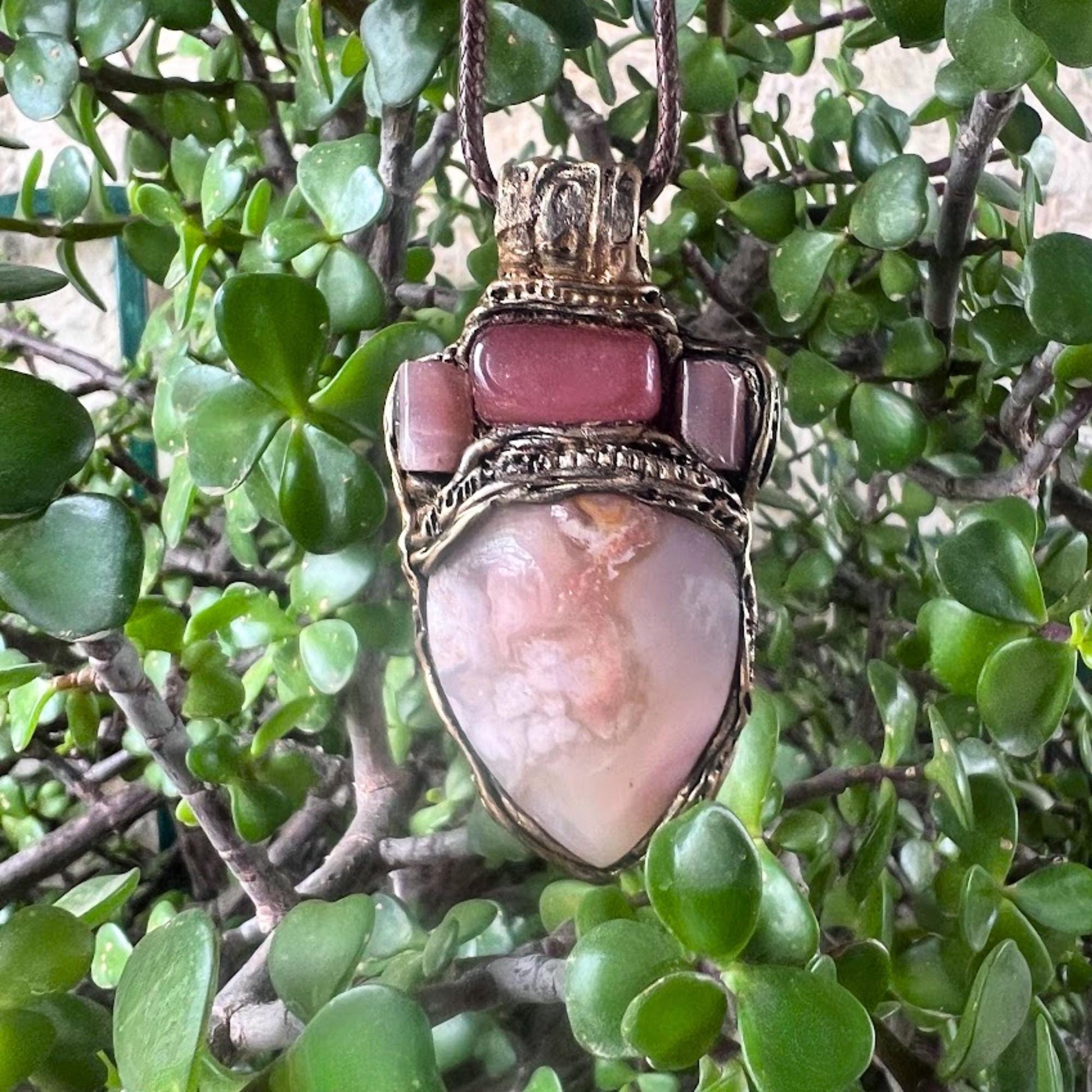 Flower Agate Sunstone and Cherry Quartz Pendant Necklace -  Healing Pink Crystal Amulet