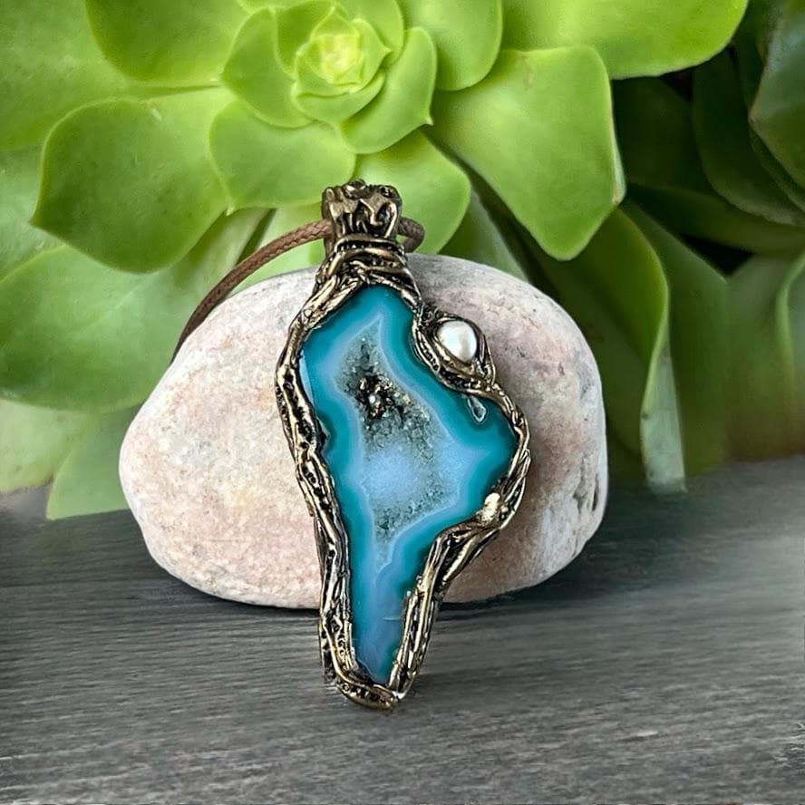 Blue Druzy Agate and Pearl Large Stone Pendant -  Teal Crystal Statement Necklace
