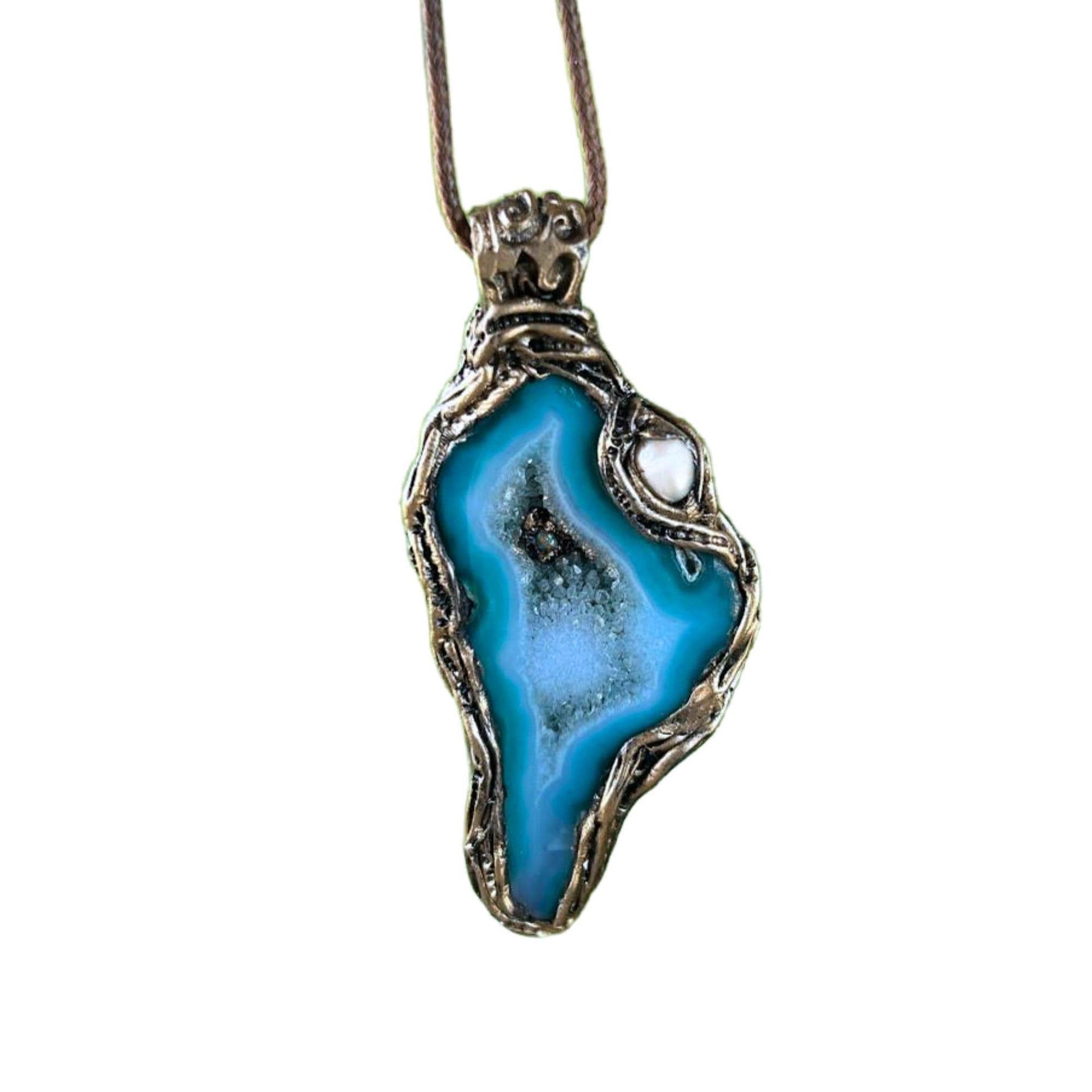 Blue Druzy Agate and Pearl Large Stone Pendant -  Teal Crystal Statement Necklace