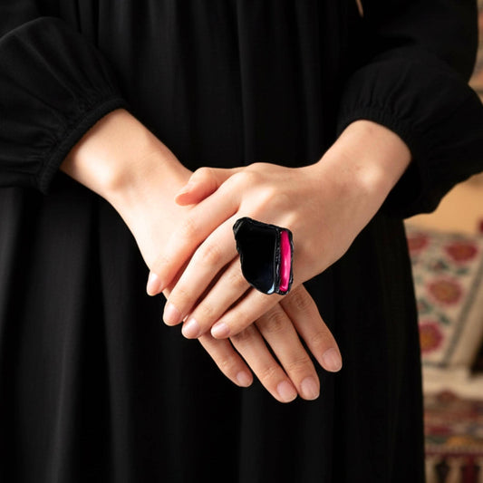 Black and Red Onyx Coral Large Stone Ring -  Chunky Oversized Cocktail Jewelry