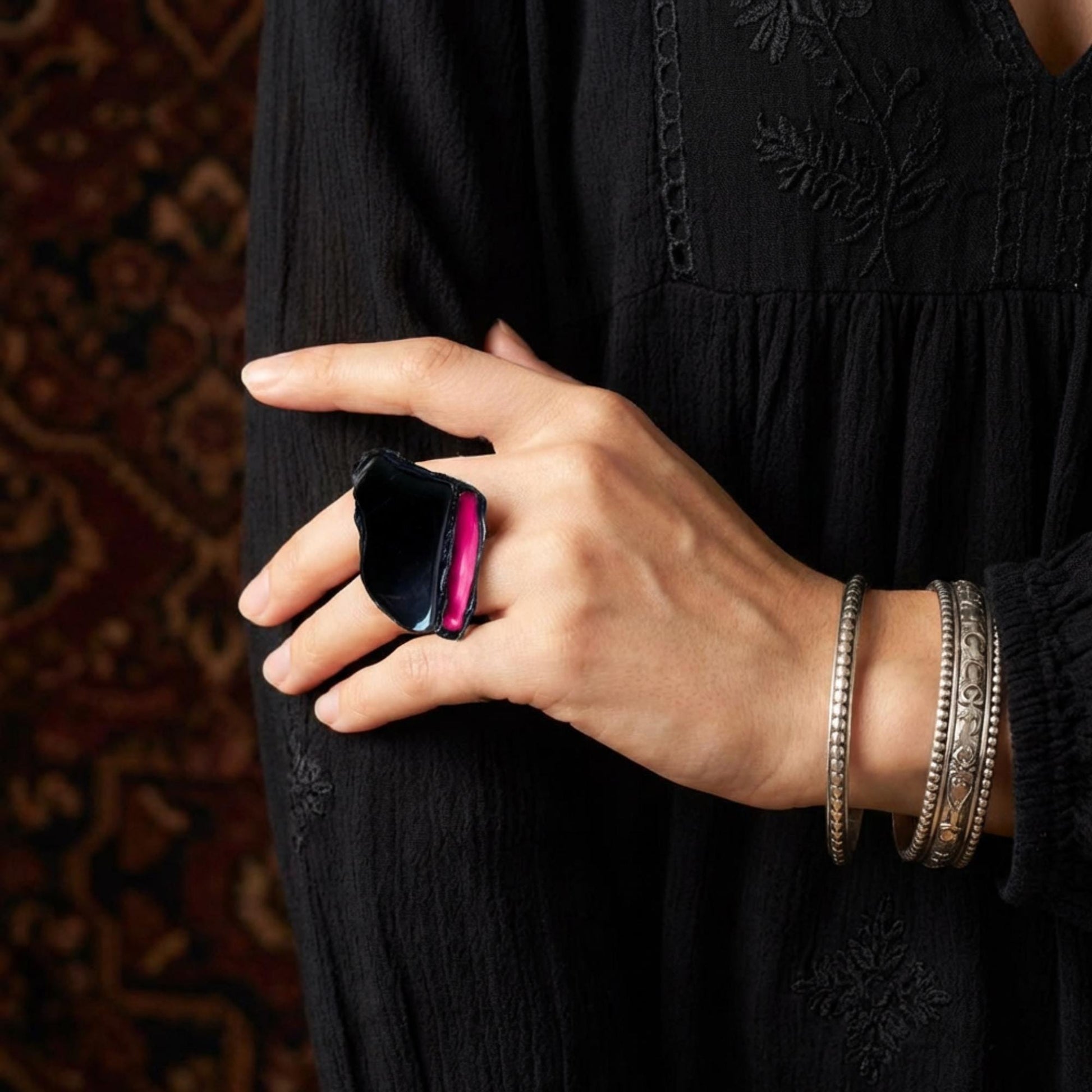 Black and Red Onyx Coral Large Stone Ring -  Chunky Oversized Cocktail Jewelry