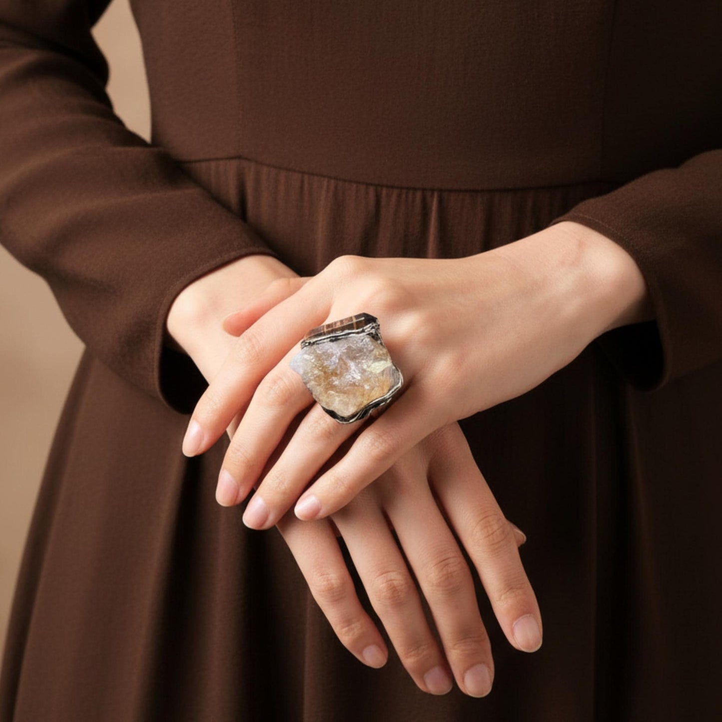 Citrine Tiger’s Eye Chunky Ring -  Oversized Wealth Crystal Jewelry