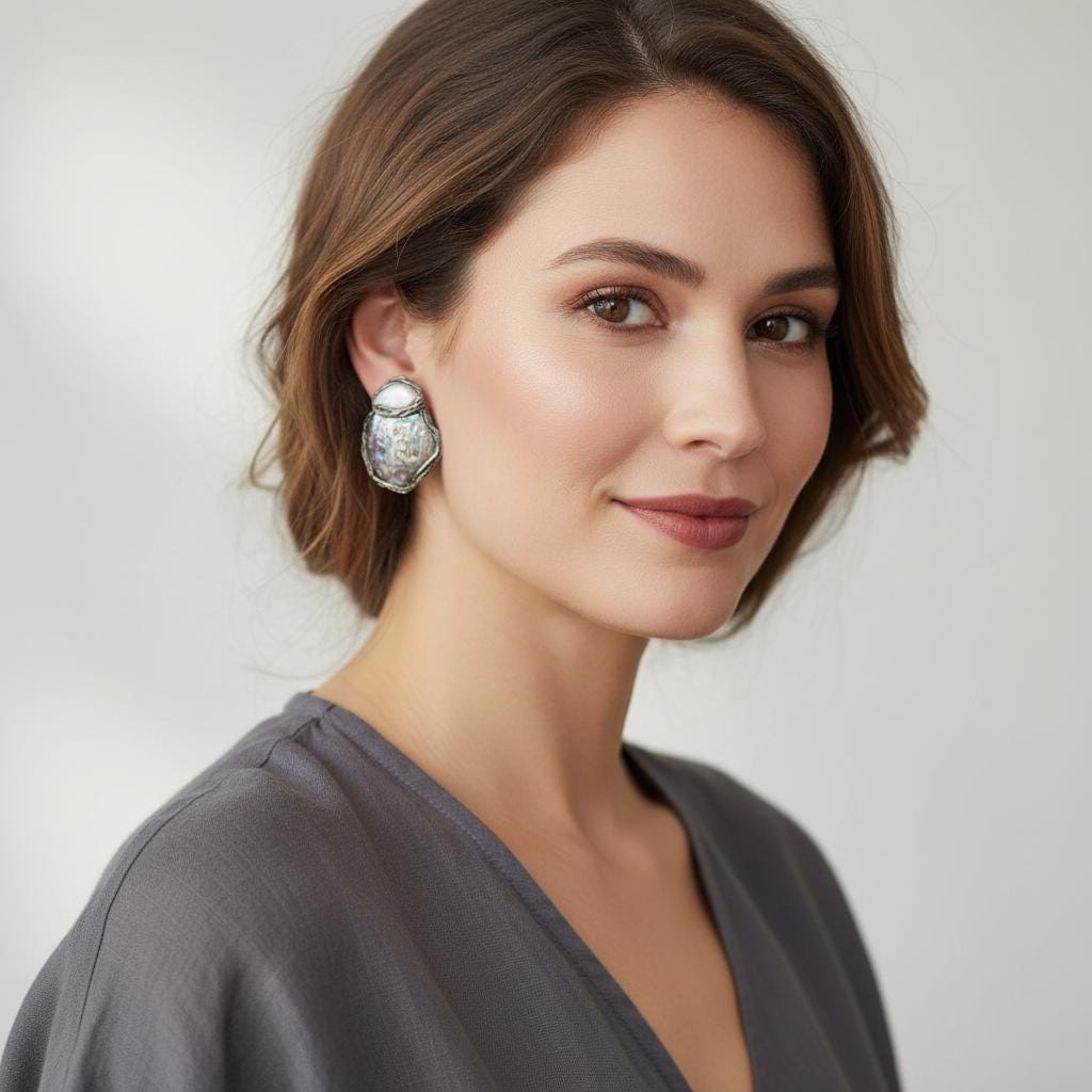 Abalone Shell Statement Clip On Earrings - Mismatched Modern Jewelry